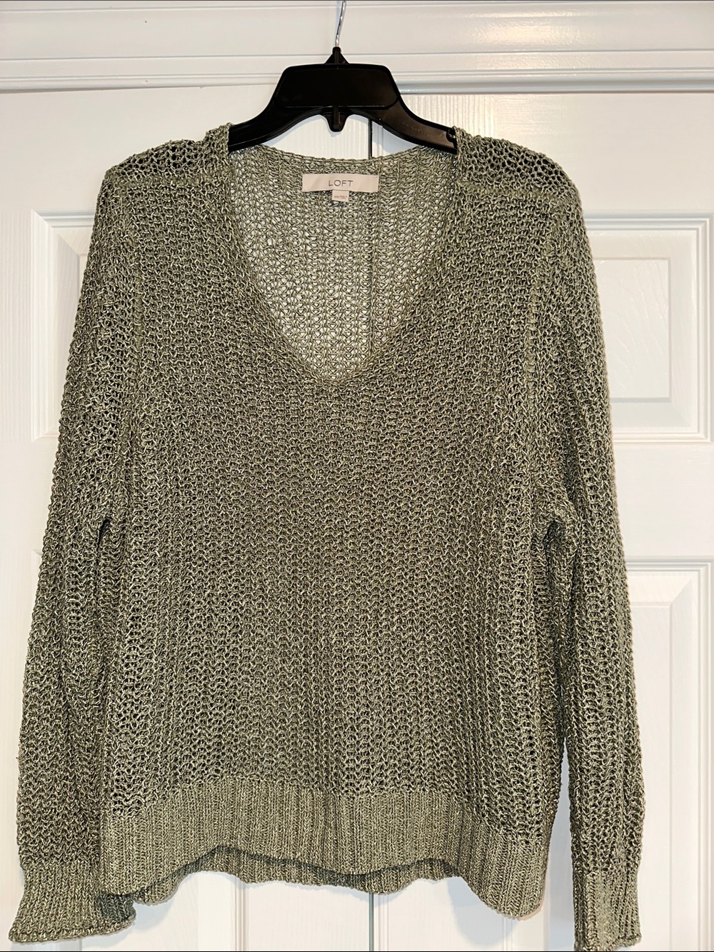 LOFT Olive Open-Weave V-Neck Pullover Sweater